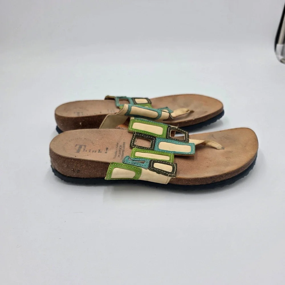Think! Women's Cork Footbed Thong Sandals Multicolor Geometric Leather Straps
